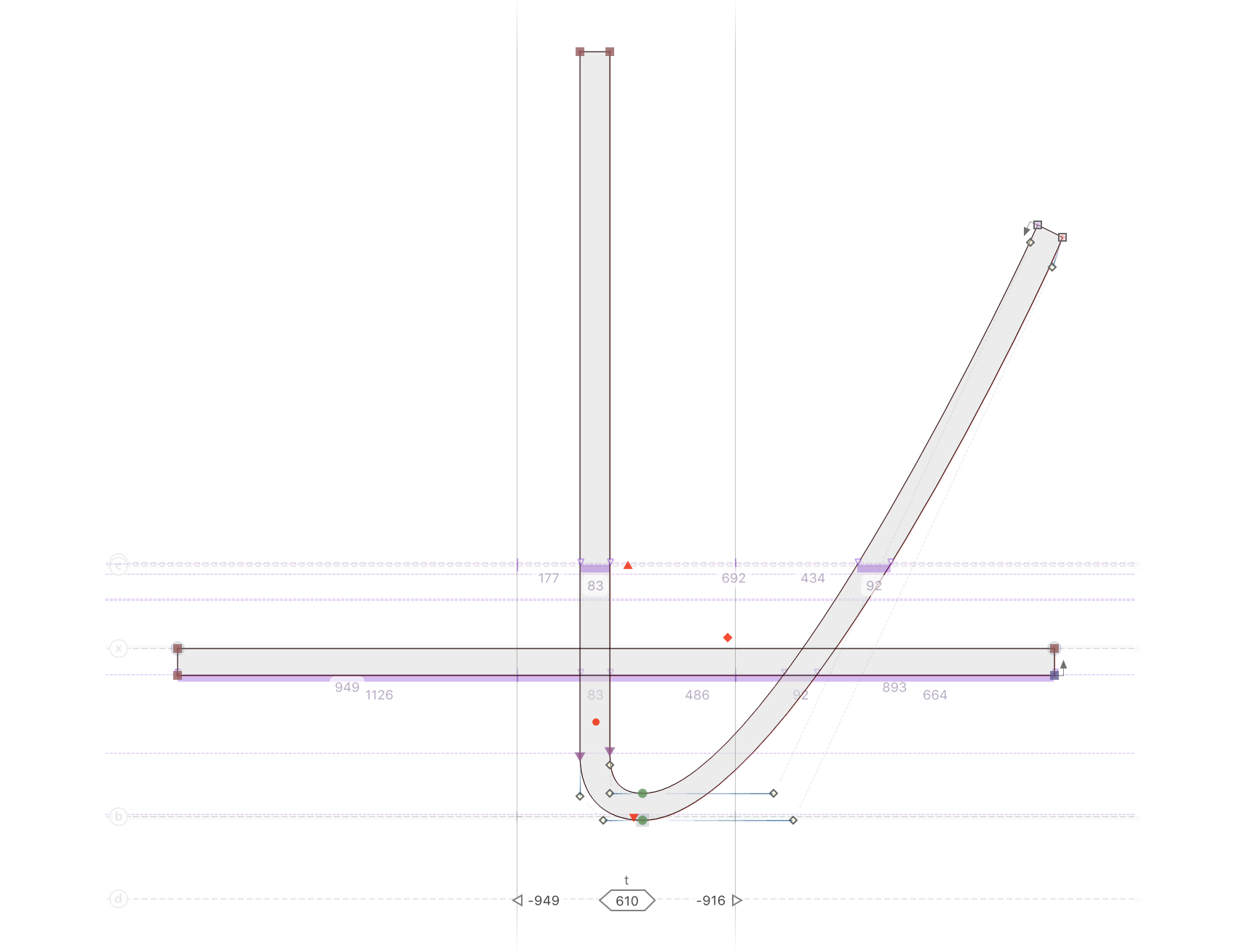 lettre t sur le logiciel fontlab